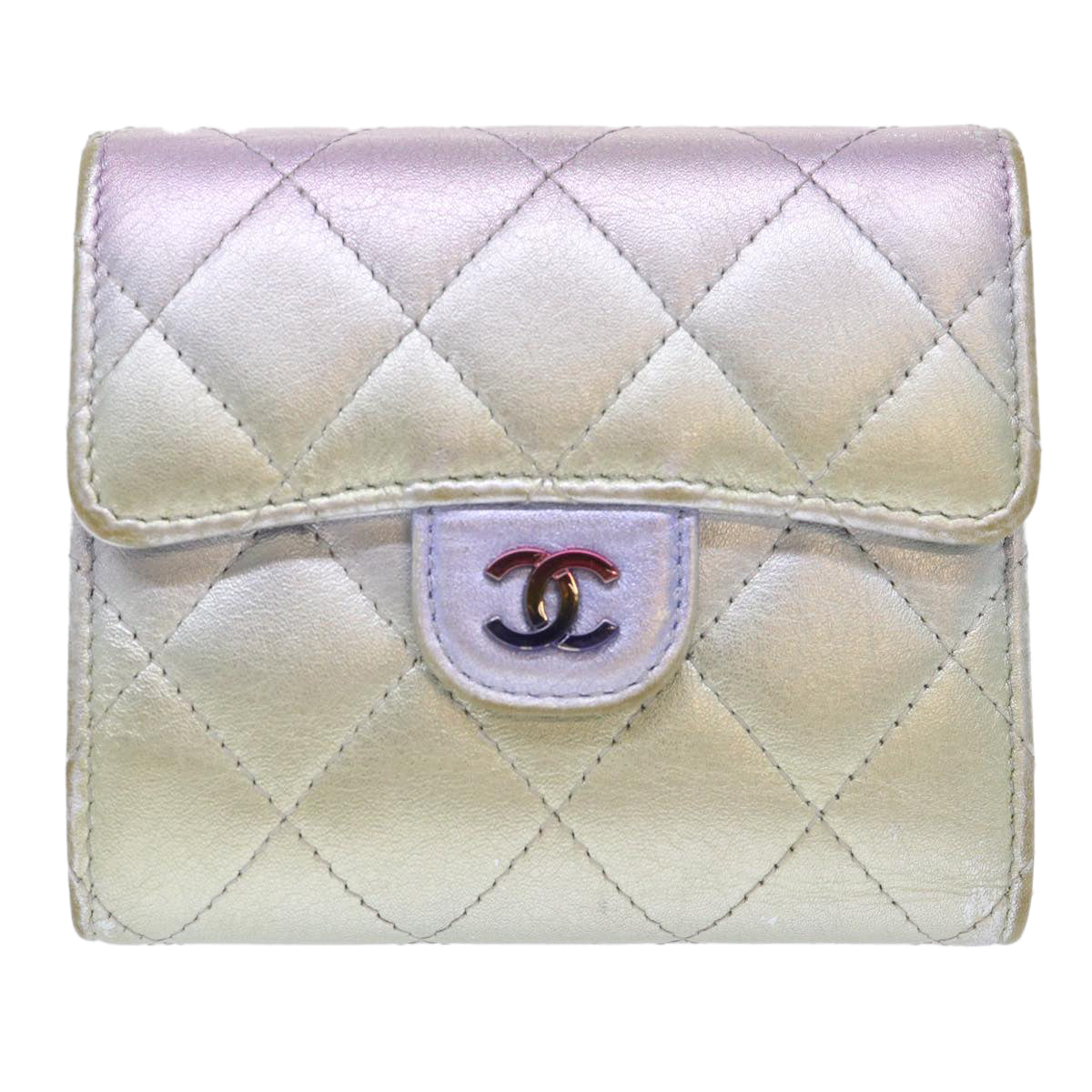 CHANEL Matelasse Gradation Wallet Lamb Skin Silver CC Auth yk8212