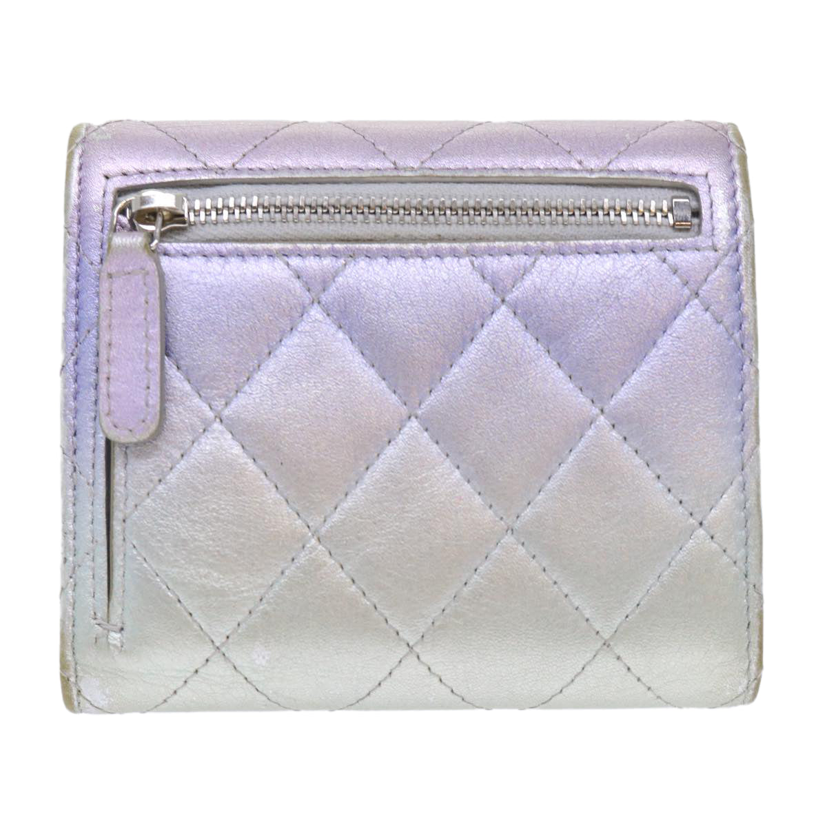 CHANEL Matelasse Gradation Wallet Lamb Skin Silver CC Auth yk8212