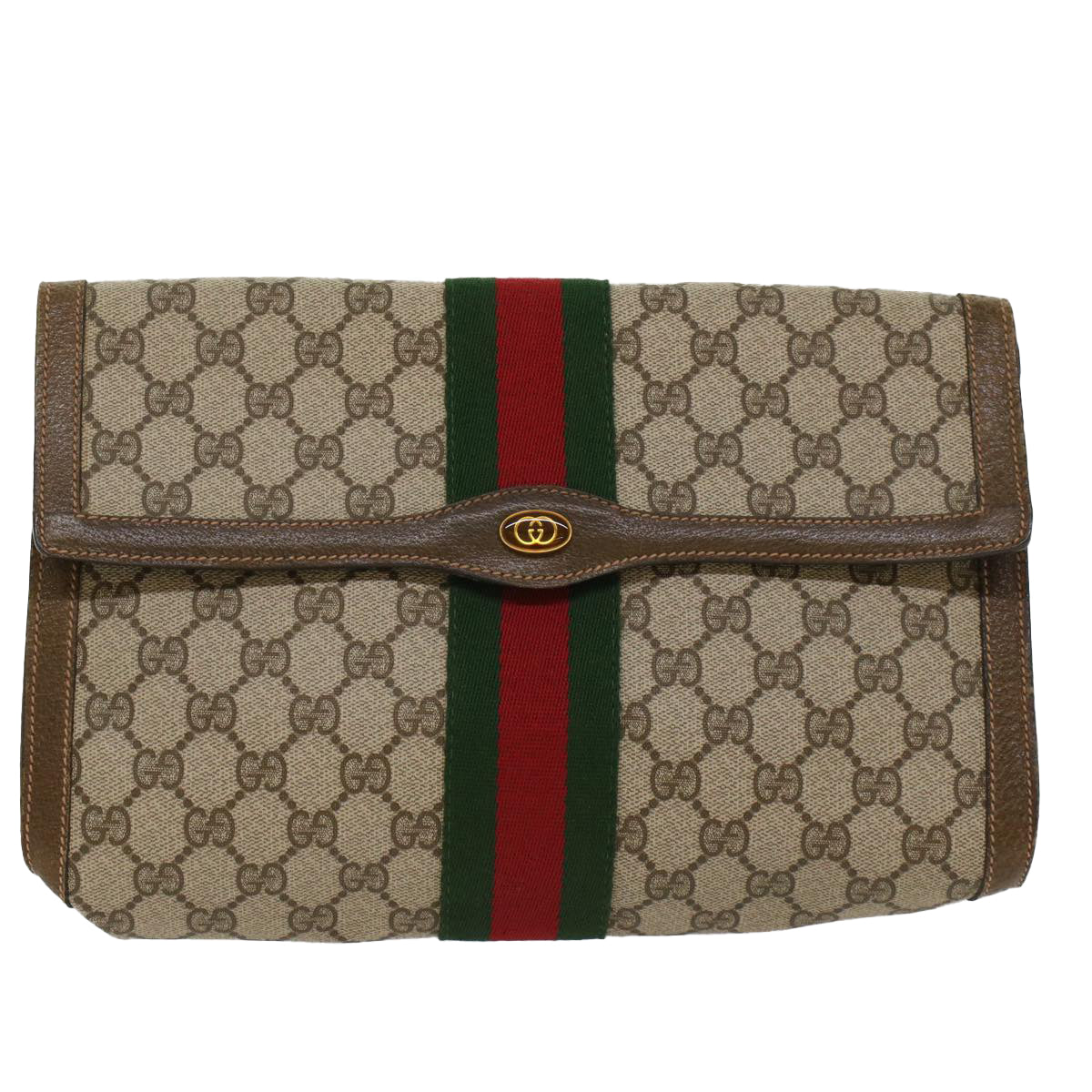 GUCCI GG Canvas Web Sherry Line Clutch Bag Beige Red 67.014.3087 Auth yk8319