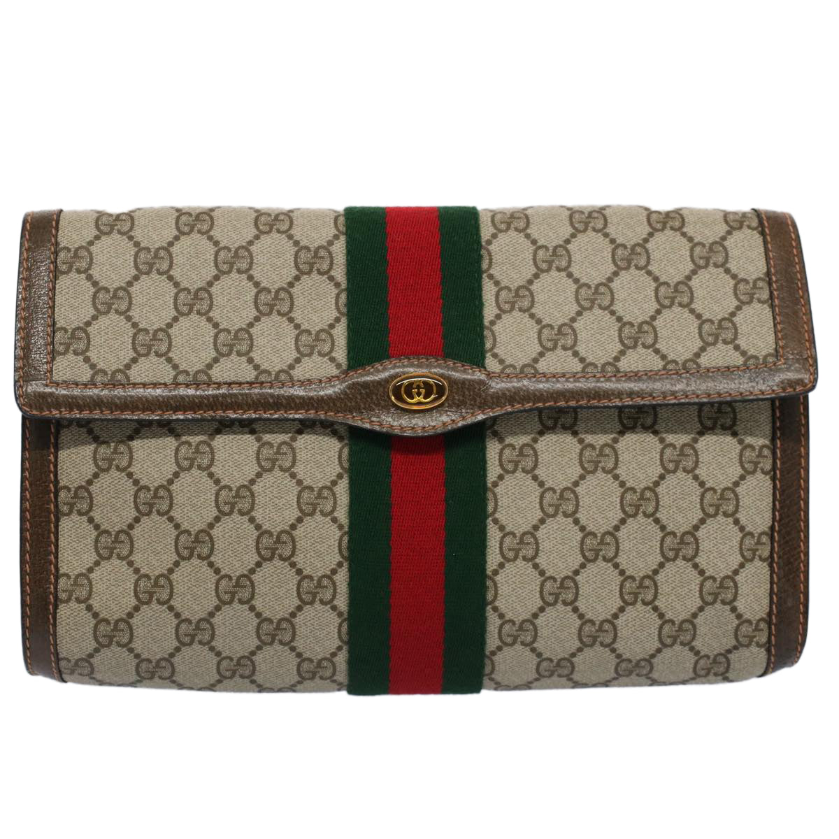 GUCCI GG Canvas Web Sherry Line Clutch Bag Beige Red 89.01.007 Auth yk8389B