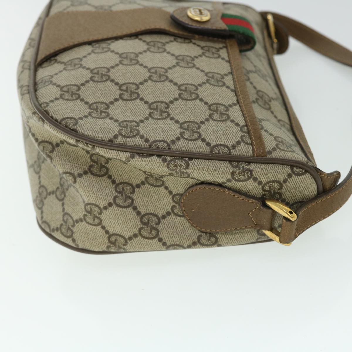 GUCCI GG Canvas Web Sherry Line Shoulder Bag PVC Leather Beige Green Auth yk8413