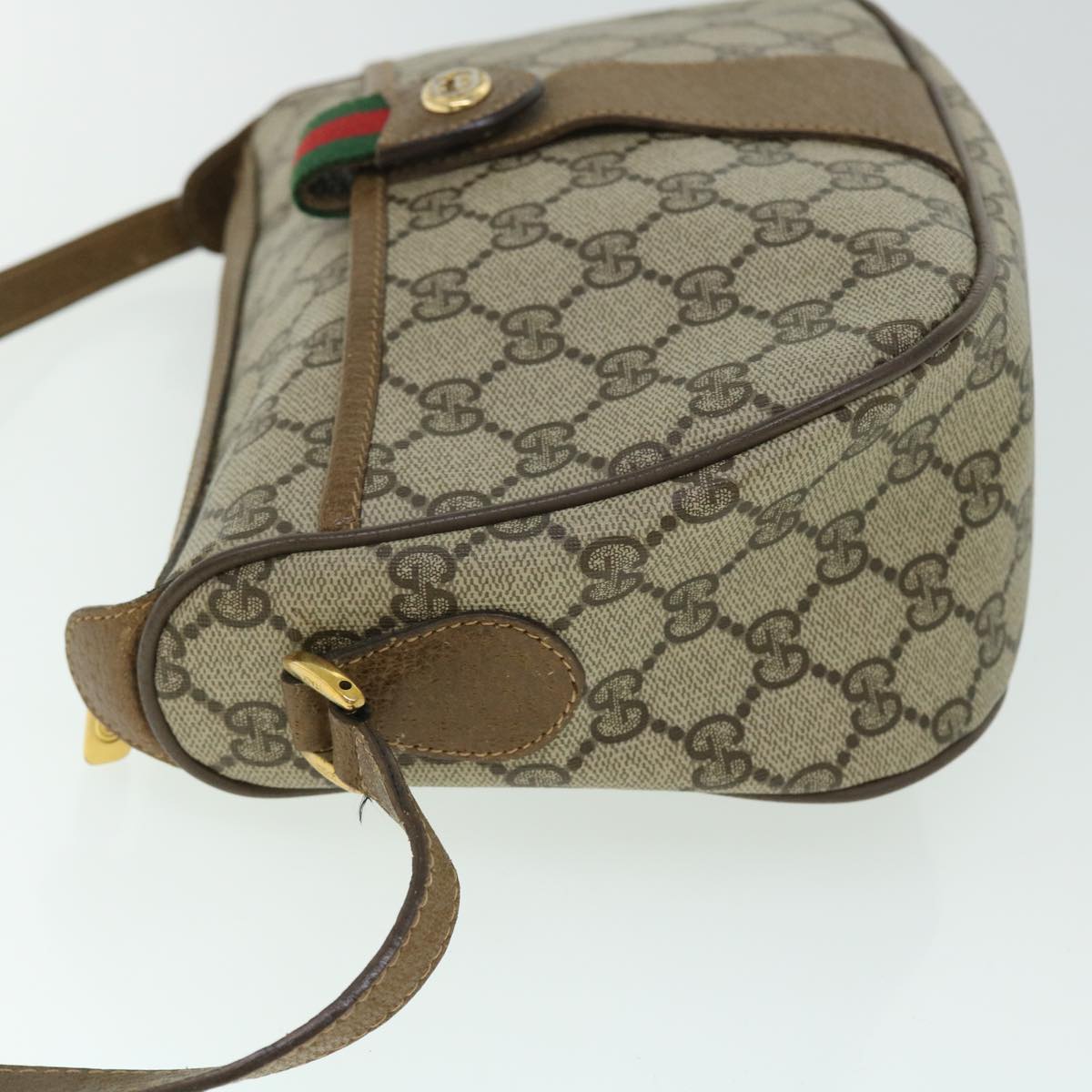 GUCCI GG Canvas Web Sherry Line Shoulder Bag PVC Leather Beige Green Auth yk8413