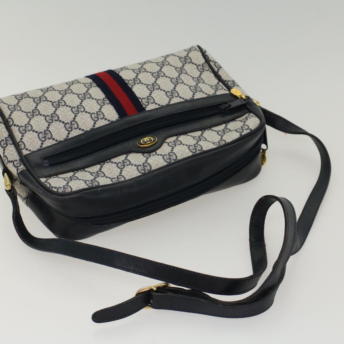 GUCCI GG Canvas Sherry Line Shoulder Bag Gray Red Navy 010.378 Auth yk8467