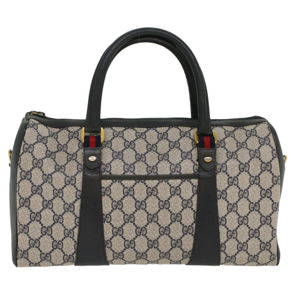 GUCCI GG Canvas Sherry Line Boston Bag PVC Leather Gray Red Navy Auth yk8527