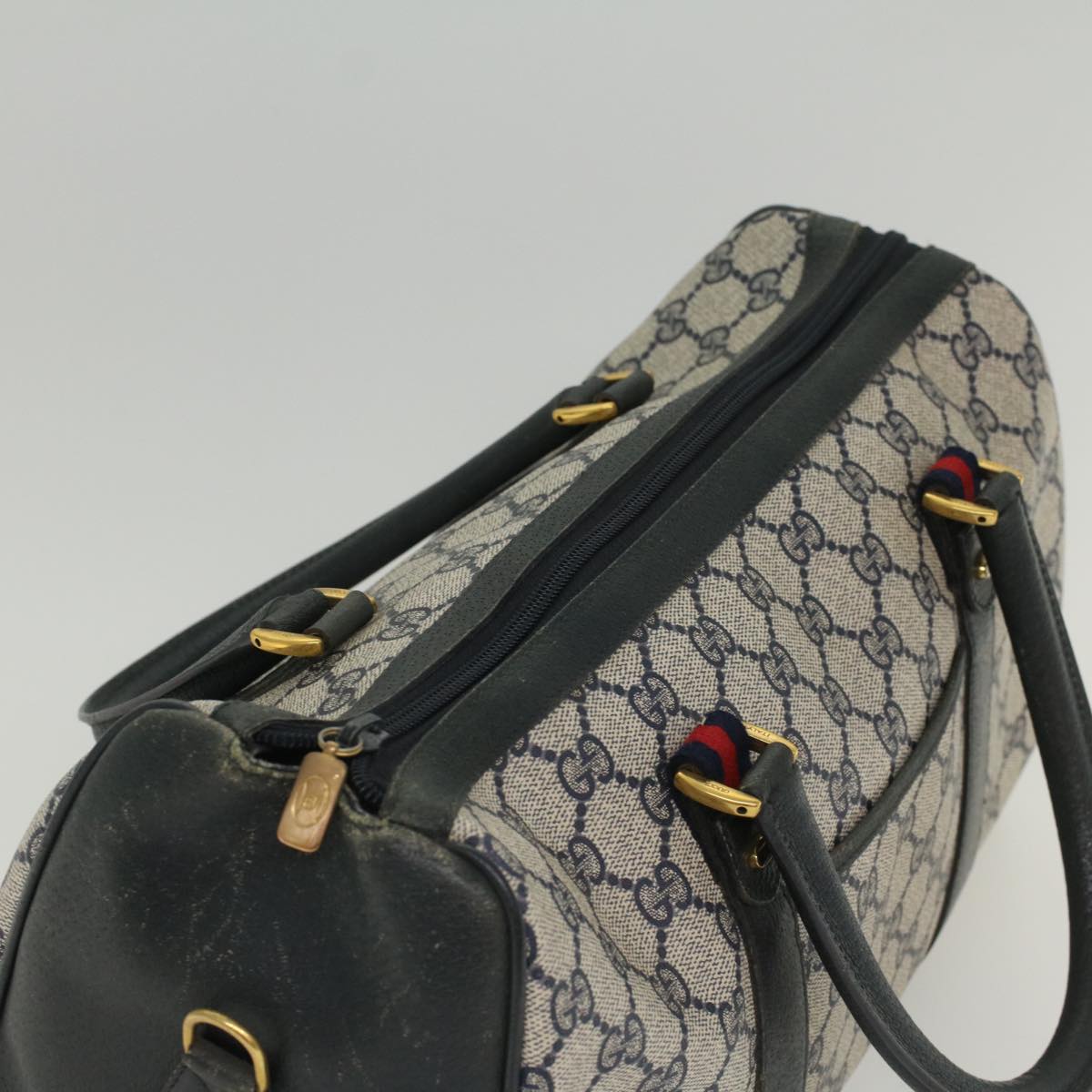 GUCCI GG Canvas Sherry Line Boston Bag PVC Leather Gray Red Navy Auth yk8527