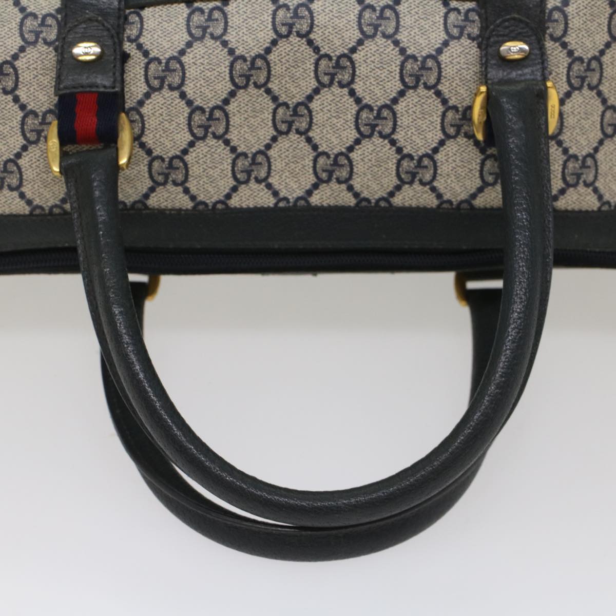 GUCCI GG Canvas Sherry Line Boston Bag PVC Leather Gray Red Navy Auth yk8527