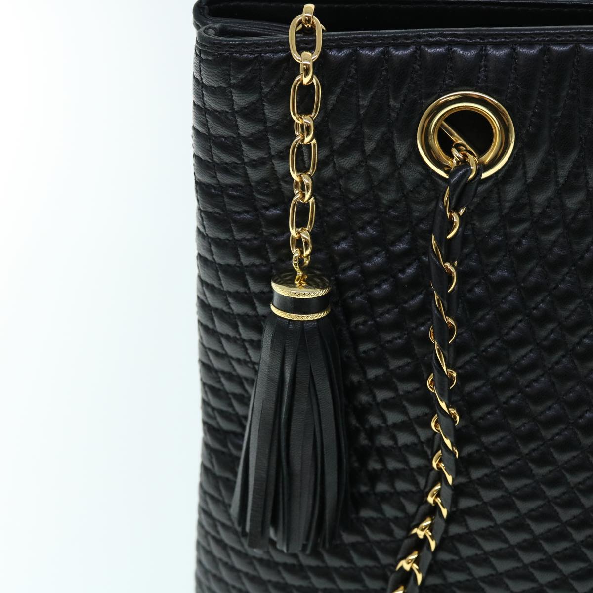 BALLY Quilted Fringe Chain Shoulder Bag Leather Black Auth yk8544