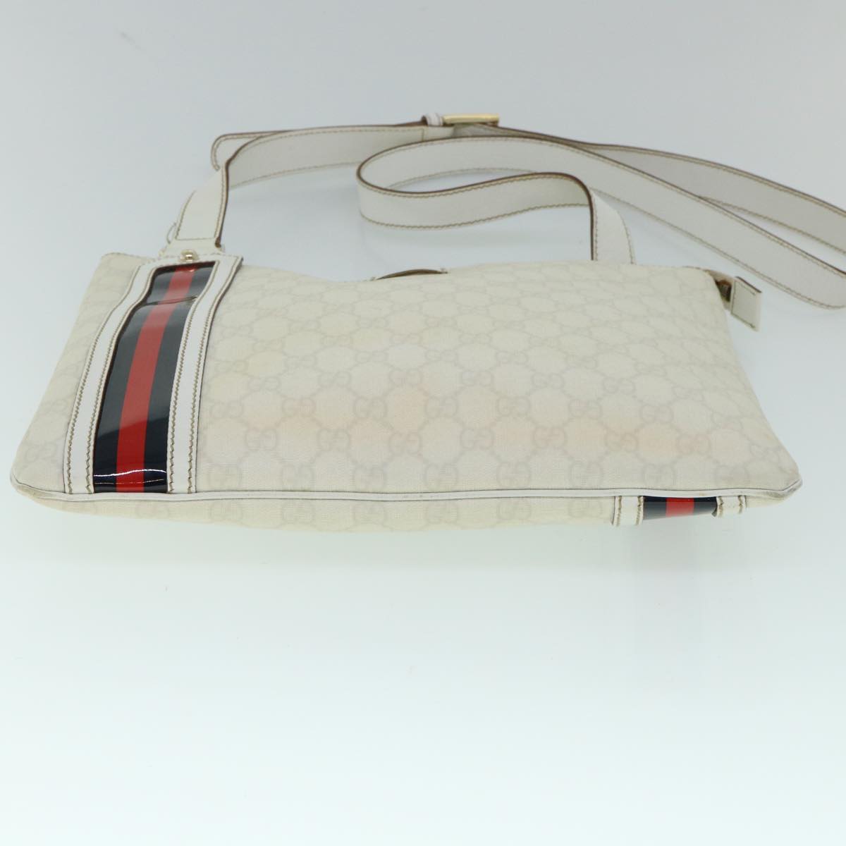 GUCCI GG Canvas Sherry Line Shoulder Bag White Red Navy 152608 Auth yk8621