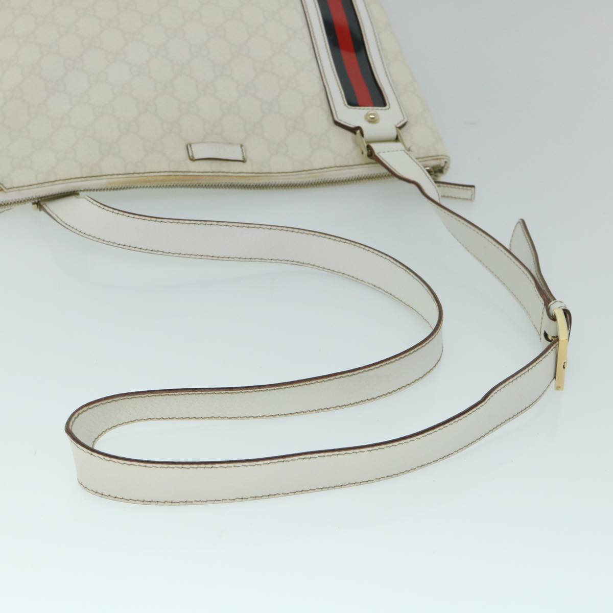 GUCCI GG Canvas Sherry Line Shoulder Bag White Red Navy 152608 Auth yk8621