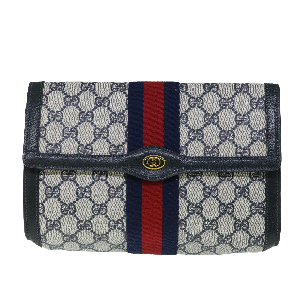 GUCCI GG Canvas Sherry Line Clutch Bag Gray Red Navy 89 01 006 Auth yk8671