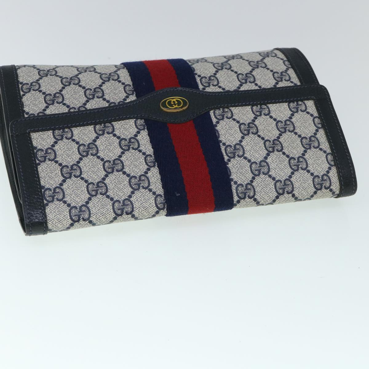 GUCCI GG Canvas Sherry Line Clutch Bag Gray Red Navy 89 01 006 Auth yk8671