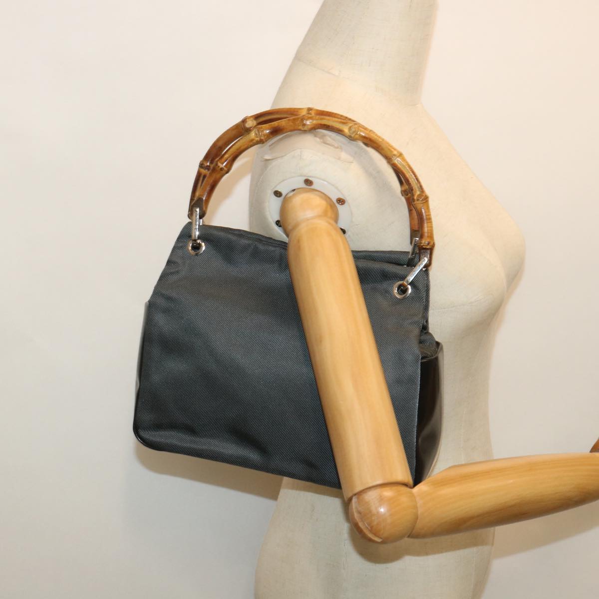 GUCCI Bamboo Hand Bag Nylon Canvas Gray 000 1014 05755 Auth yk8674