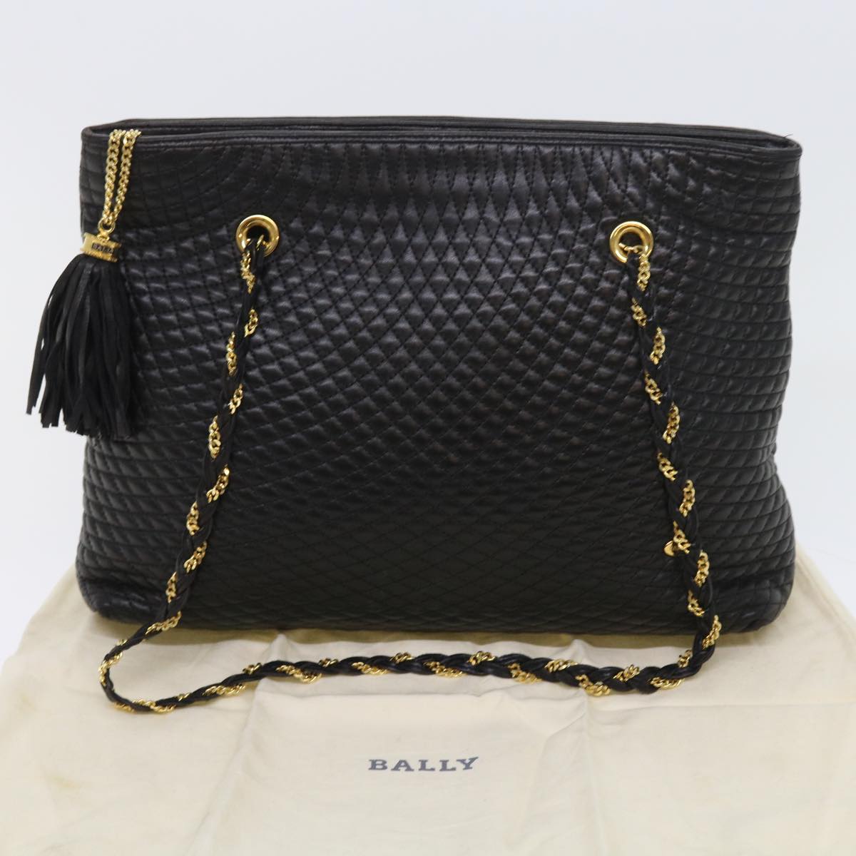 BALLY Quilted Chain Shoulder Bag Leather Black Auth yk8881