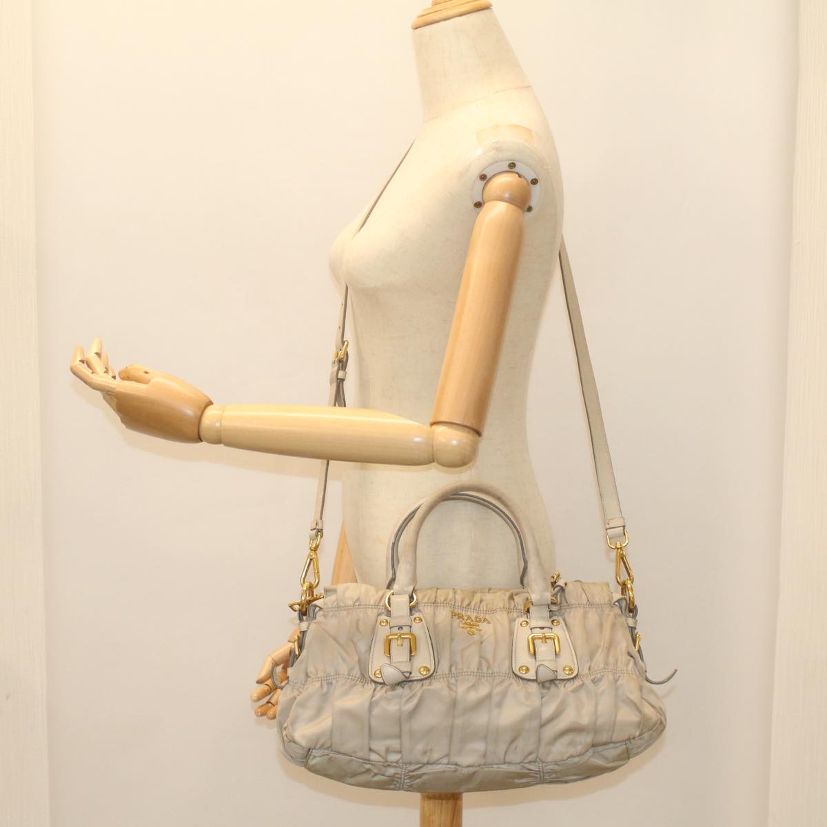 PRADA Hand Bag Nylon 2way Beige Auth yk8900