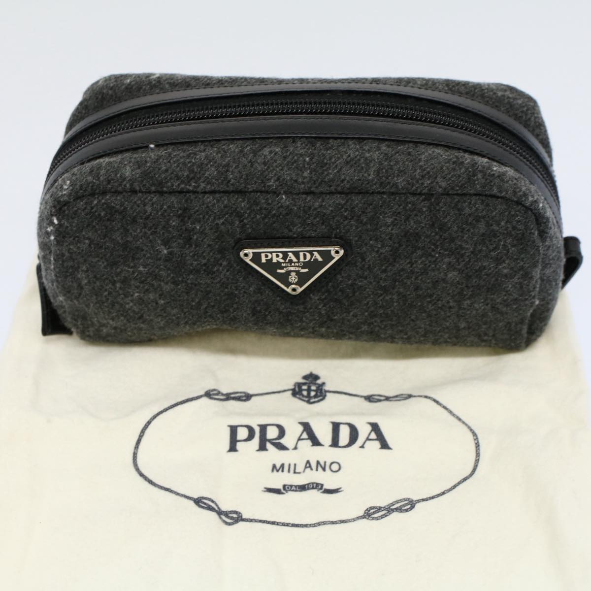 PRADA Pouch Wool Gray Auth yk8995