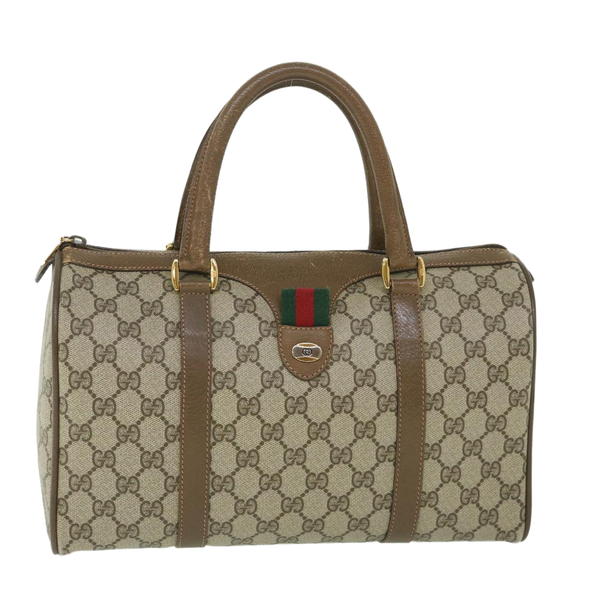 GUCCI GG Supreme Web Sherry Line Boston Bag Beige Red 39 02 007 Auth yk9027