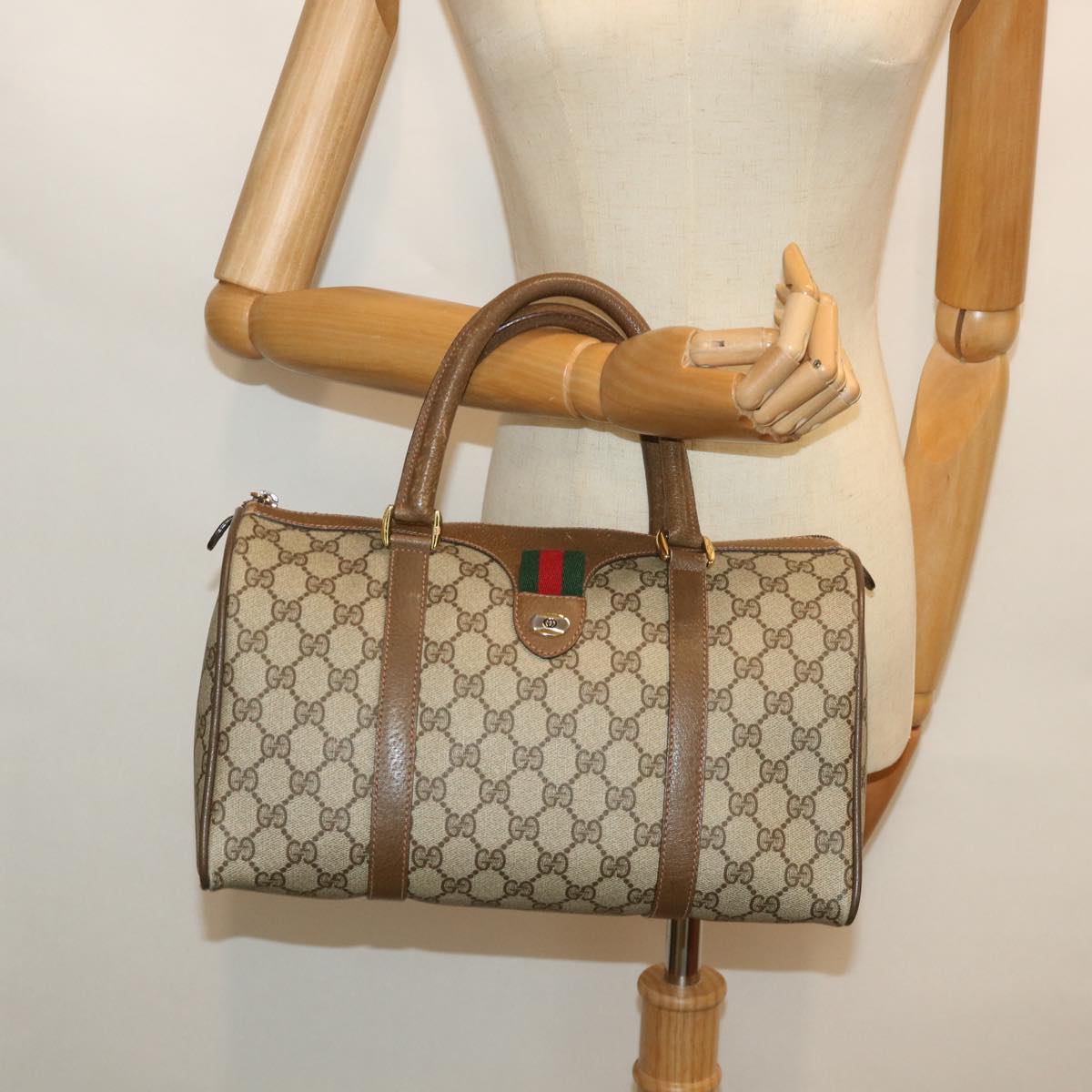 GUCCI GG Supreme Web Sherry Line Boston Bag Beige Red 39 02 007 Auth yk9027