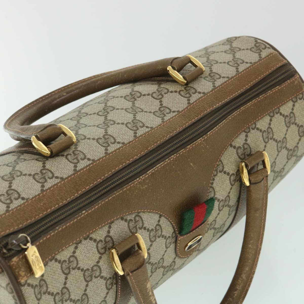 GUCCI GG Supreme Web Sherry Line Boston Bag Beige Red 39 02 007 Auth yk9027