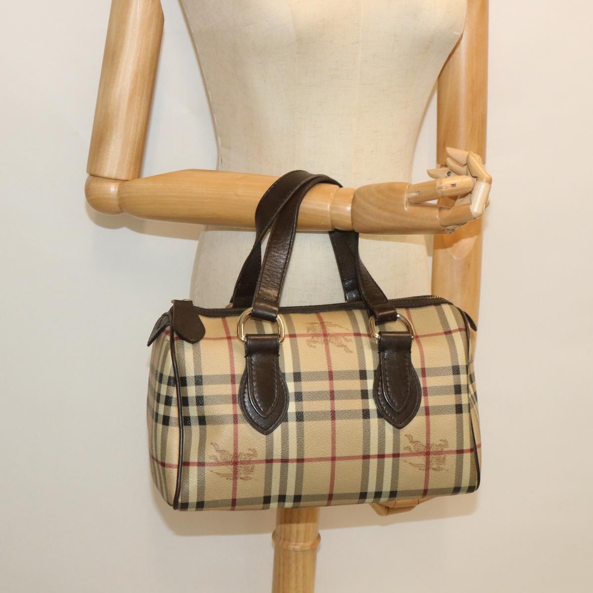 BURBERRY Nova Check Boston Bag PVC Leather Beige Auth yk9073