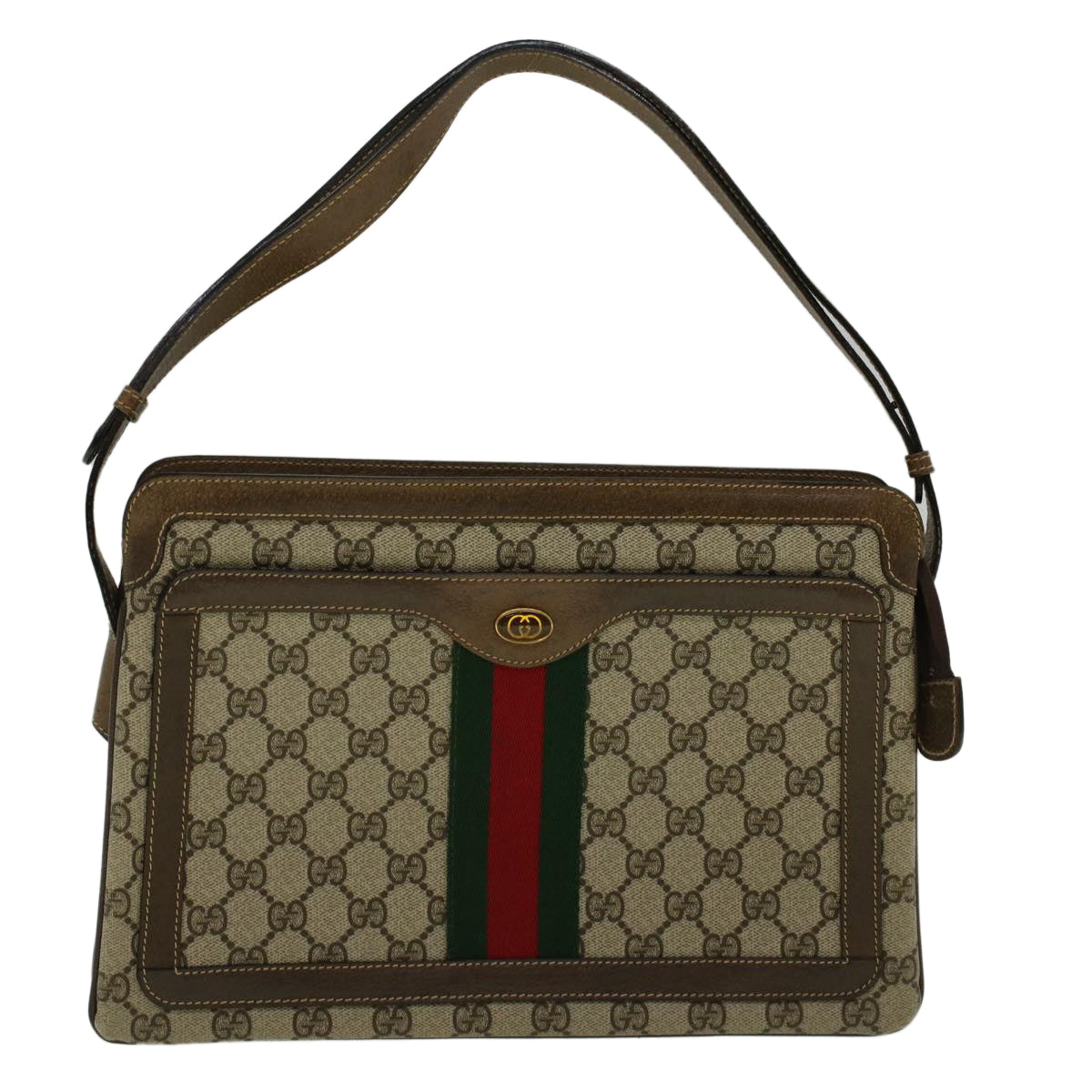 GUCCI GG Canvas Web Sherry Line Shoulder Bag PVC Leather Beige Green Auth yk9207