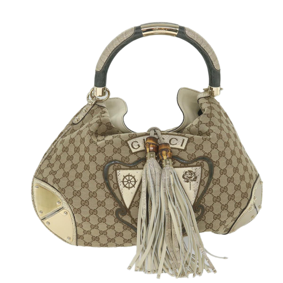 GUCCI GG Canvas Bamboo Indy Shoulder Bag 2way Beige 177088 Auth yk9244