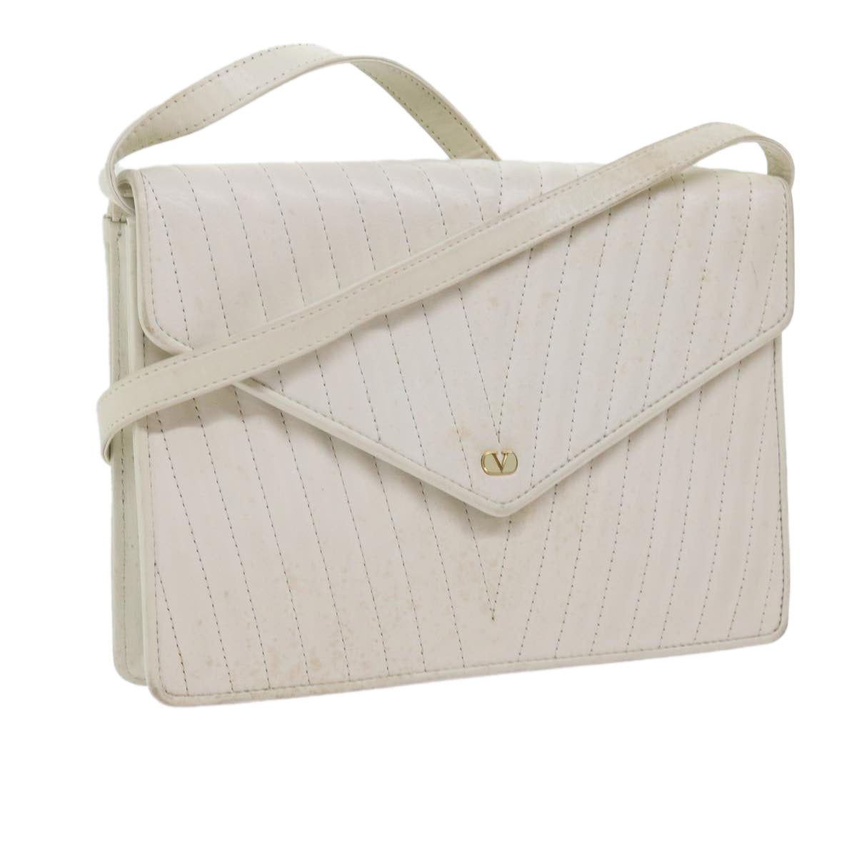 VALENTINO V Stitch Shoulder Bag Leather White Auth yk9280