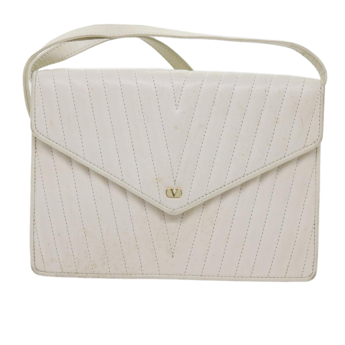 VALENTINO V Stitch Shoulder Bag Leather White Auth yk9280