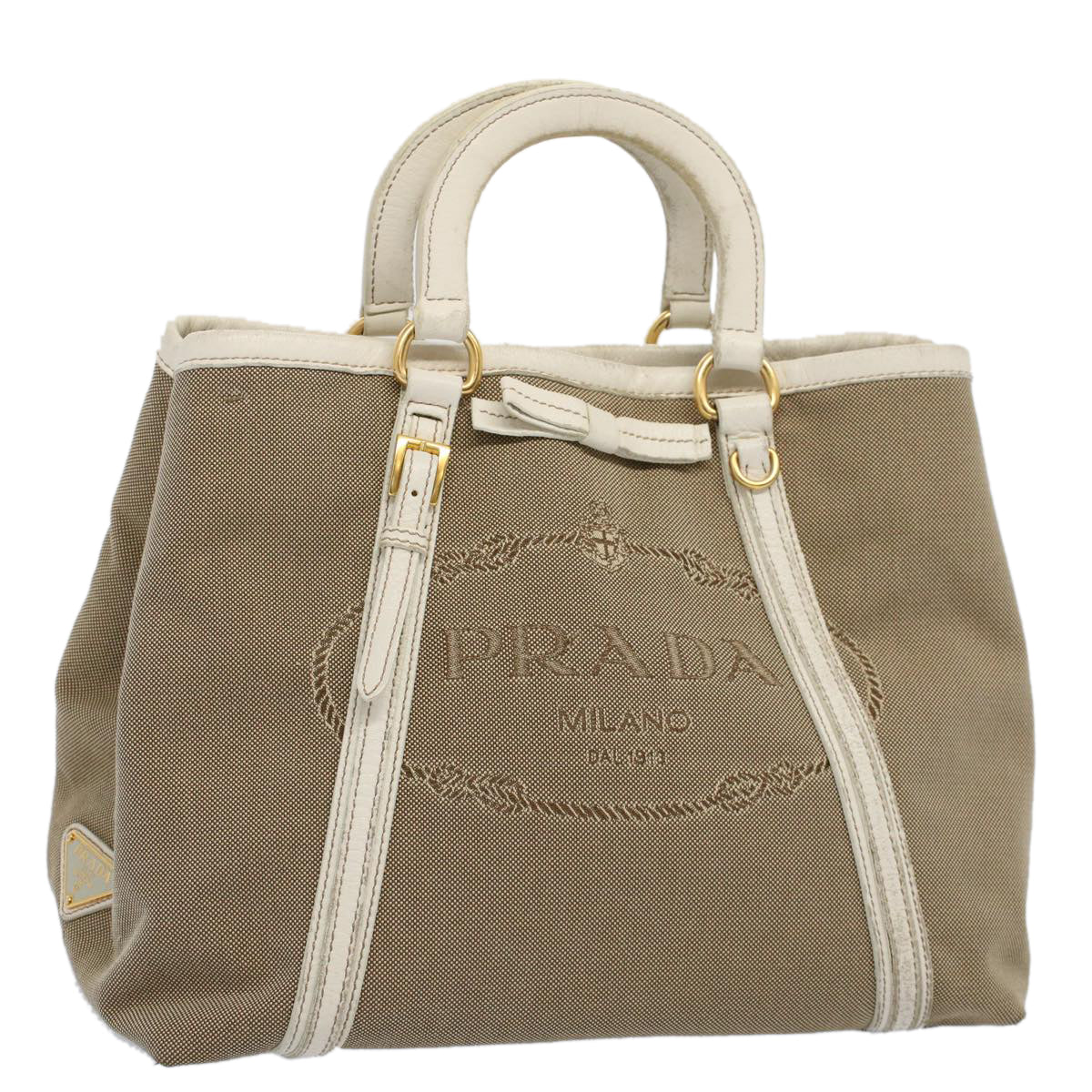 PRADA Hand Bag Canvas Beige Auth yk9362