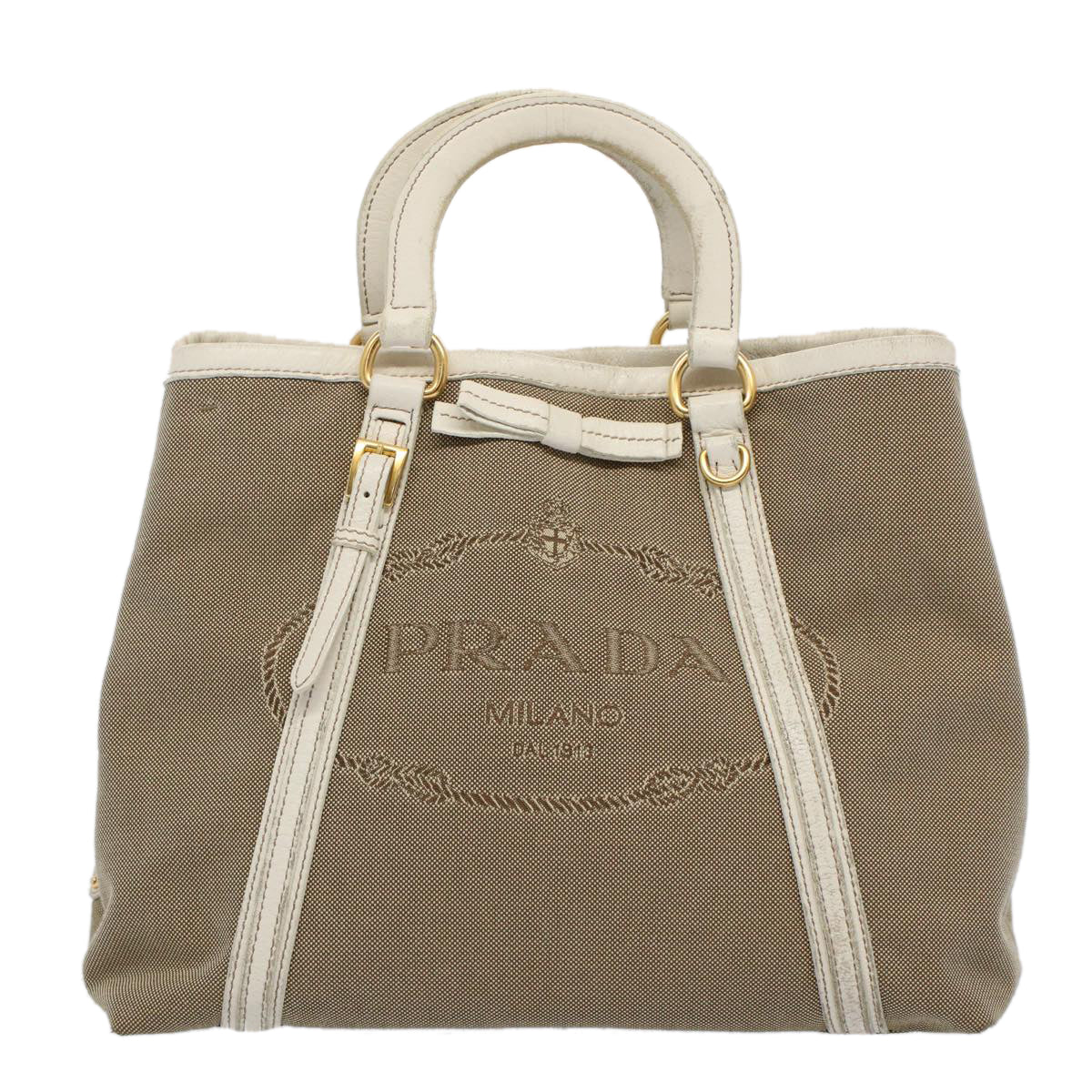 PRADA Hand Bag Canvas Beige Auth yk9362