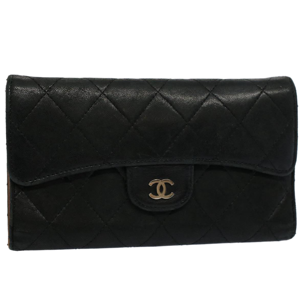 CHANEL Matelasse Long Wallet Lamb Skin Black CC Auth yk9490