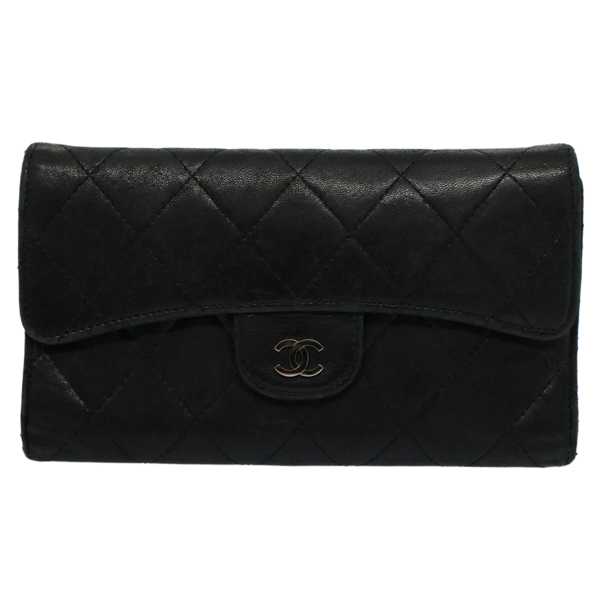 CHANEL Matelasse Long Wallet Lamb Skin Black CC Auth yk9490