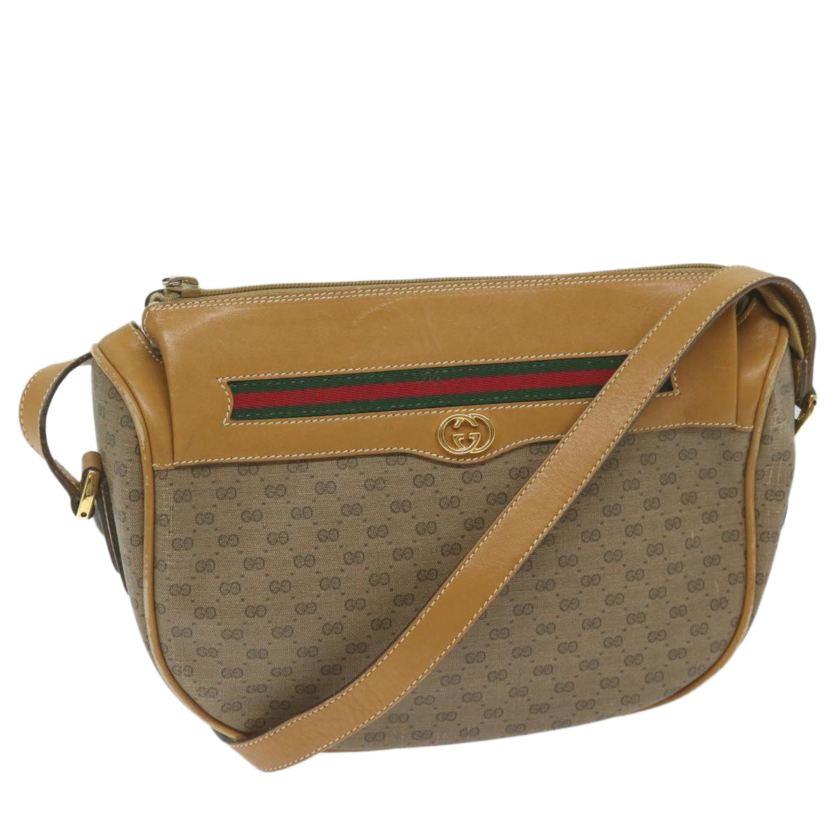 GUCCI Micro GG Canvas Web Sherry Line Shoulder Bag PVC Beige Green Auth yk9514