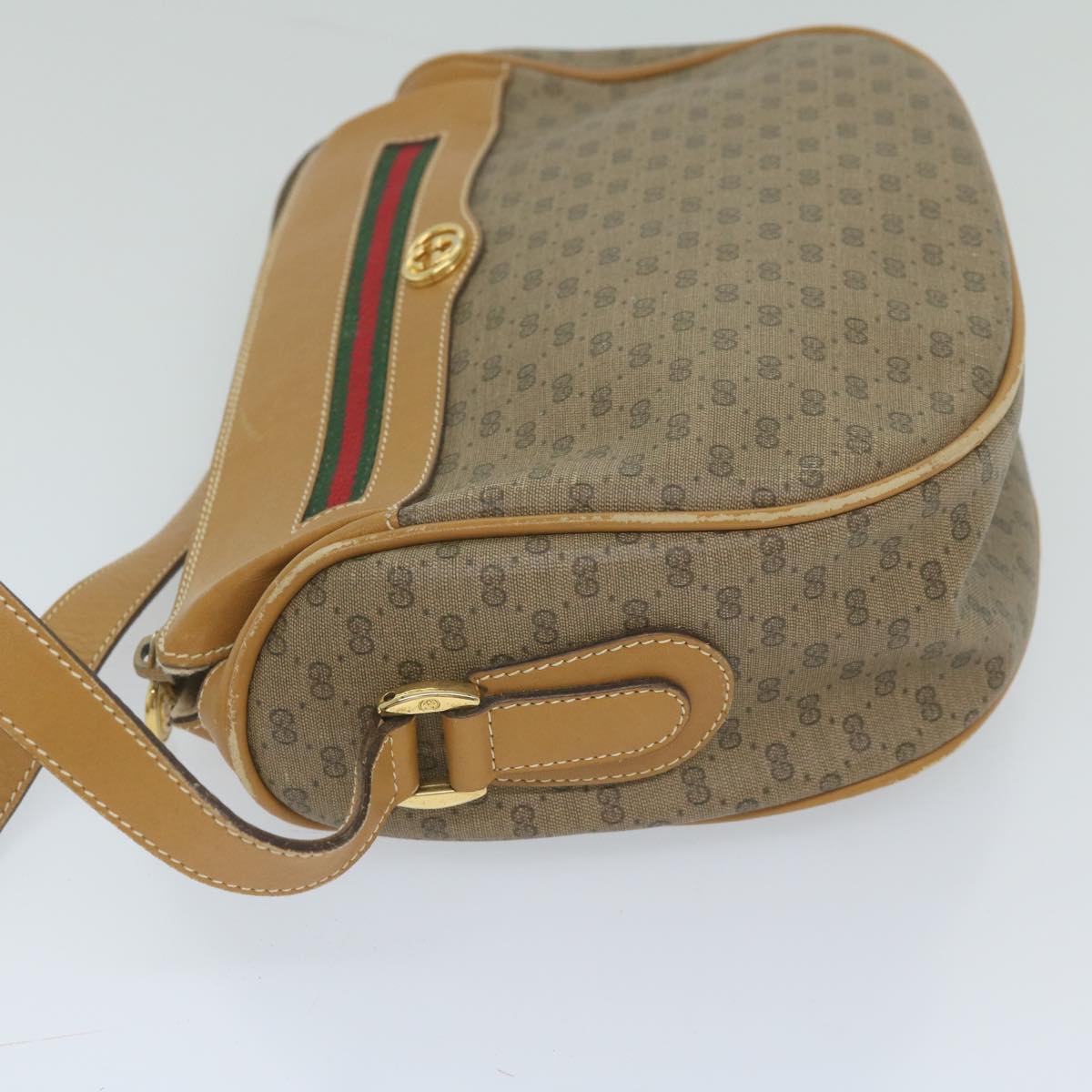 GUCCI Micro GG Canvas Web Sherry Line Shoulder Bag PVC Beige Green Auth yk9514