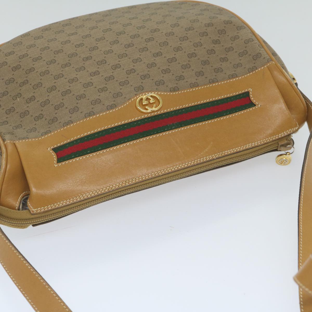 GUCCI Micro GG Canvas Web Sherry Line Shoulder Bag PVC Beige Green Auth yk9514