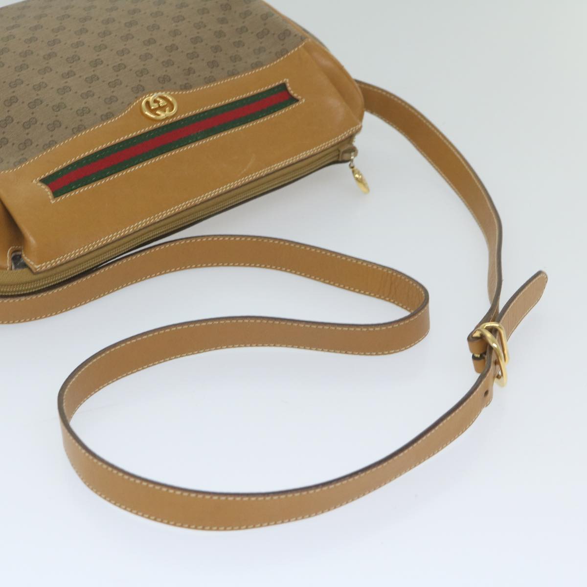 GUCCI Micro GG Canvas Web Sherry Line Shoulder Bag PVC Beige Green Auth yk9514