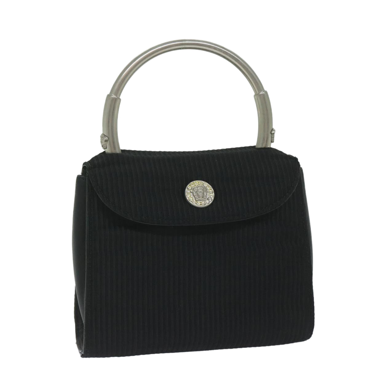 VERSACE Hand Bag Satin Black Auth yk9552