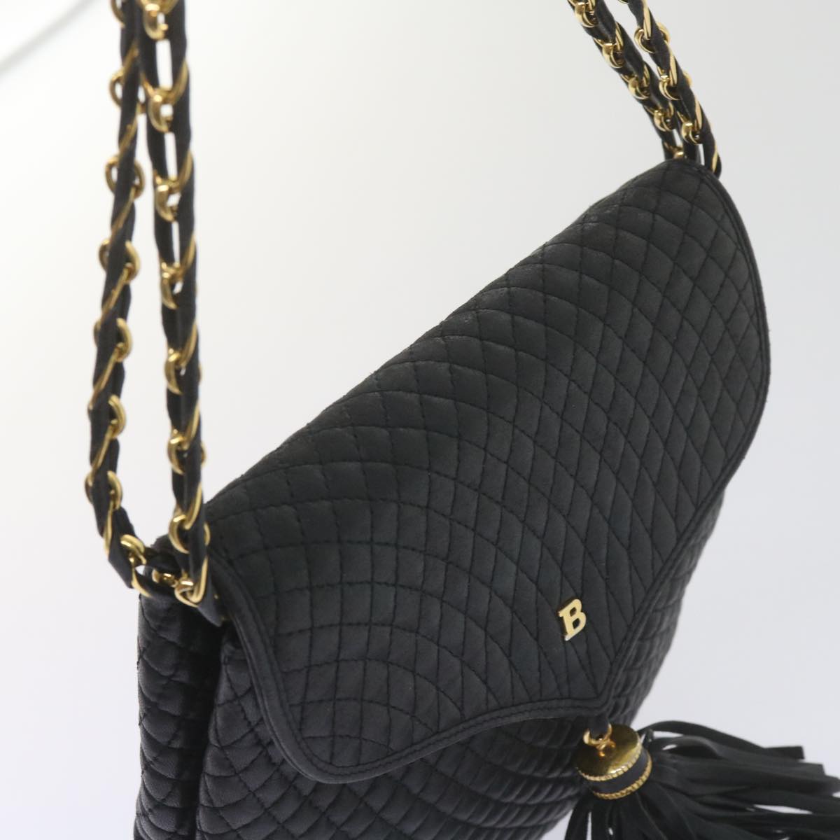 BALLY Quilted Chain Shoulder Bag Leather Black Auth yk9752