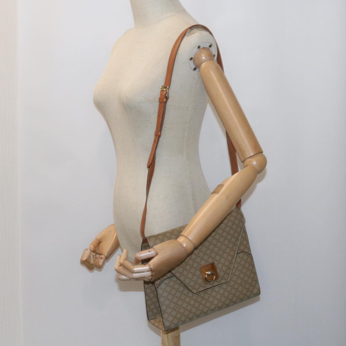 CELINE Macadam Canvas Shoulder Bag PVC Beige Brown Auth yk9762