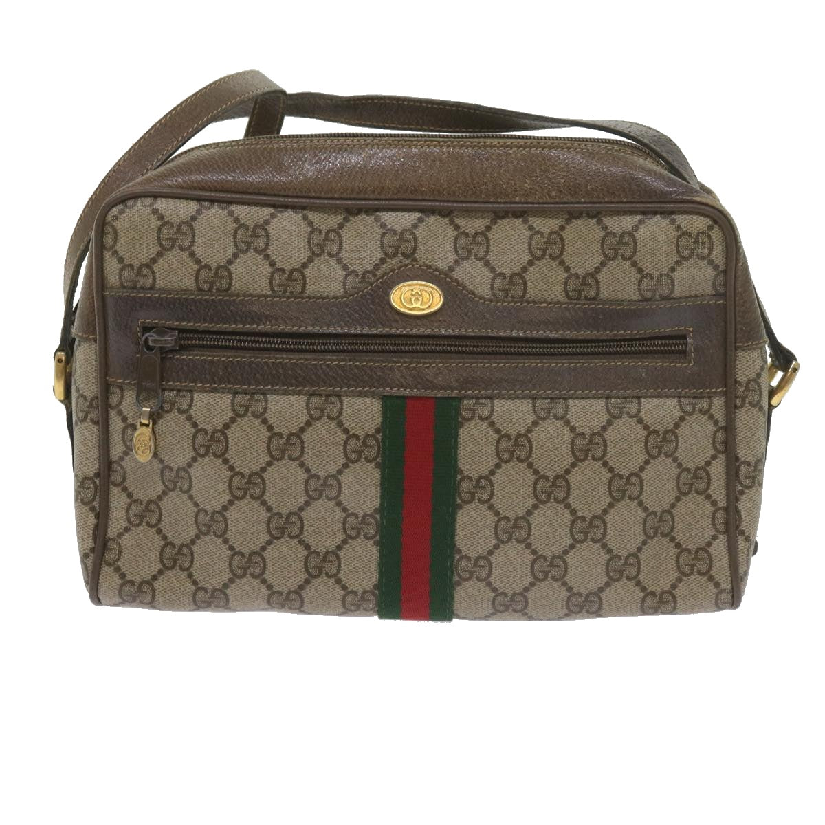 GUCCI GG Canvas Web Sherry Line Shoulder Bag PVC Beige Green Red Auth yk9773