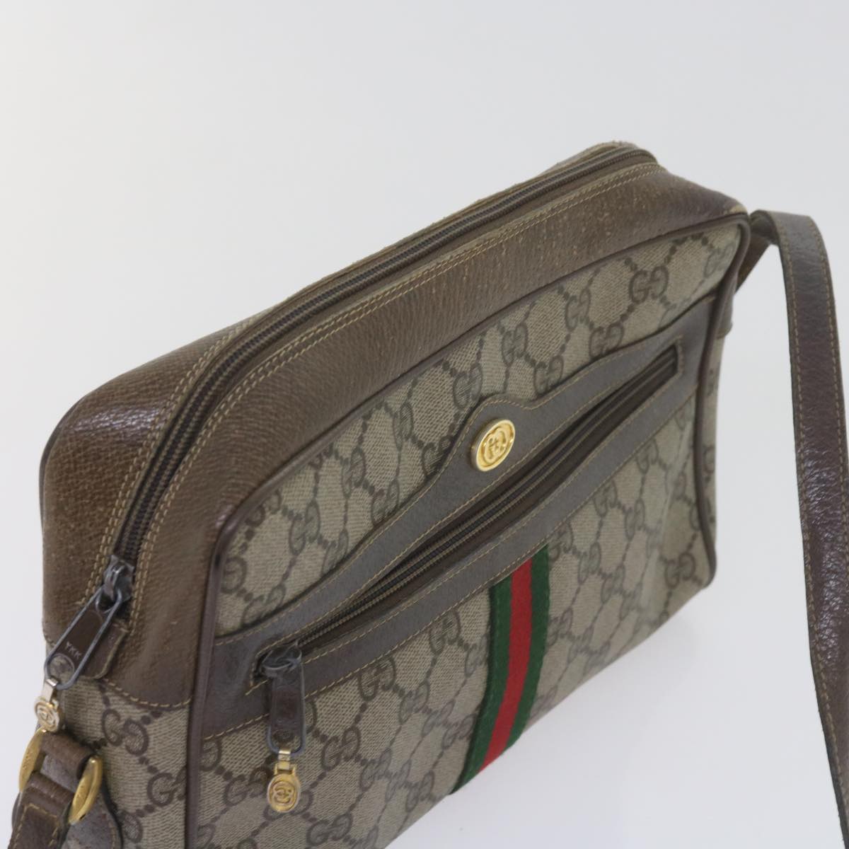 GUCCI GG Canvas Web Sherry Line Shoulder Bag PVC Beige Green Red Auth yk9773