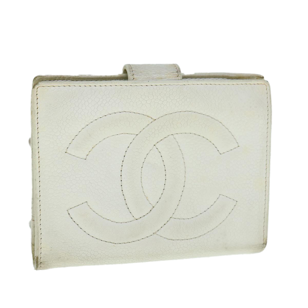 CHANEL COCO Mark Wallet Caviar Skin White CC Auth yk9790