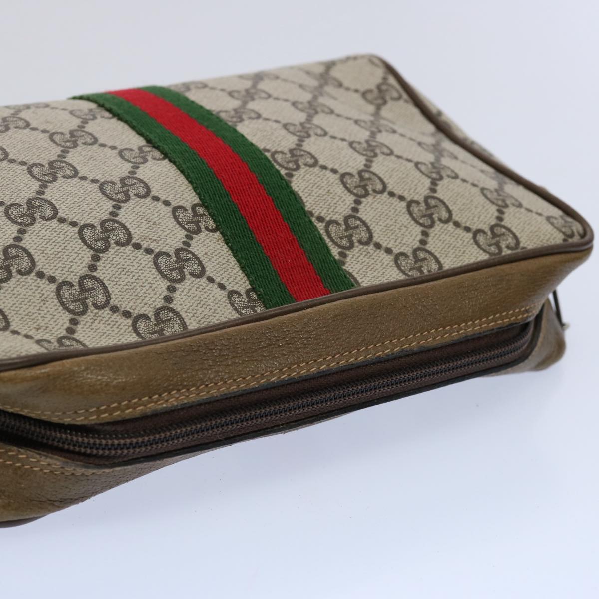 GUCCI GG Supreme Web Sherry Line Clutch Bag Beige Red Green Auth yk9805