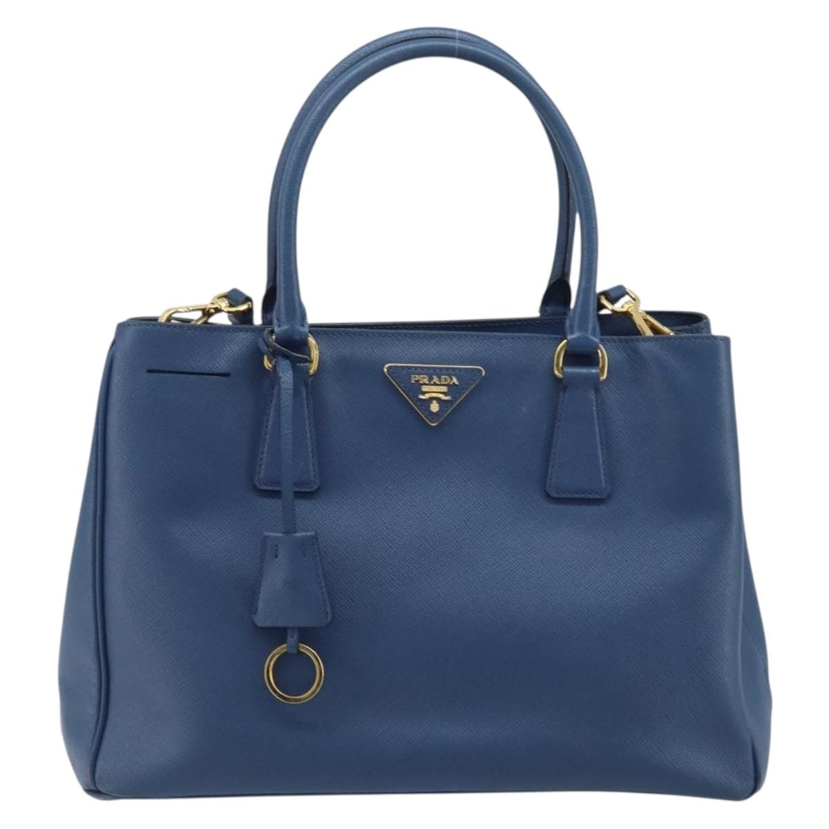 PRADA Galleria Hand Bag Safiano leather 2way Blue Gold Auth YKZ030A