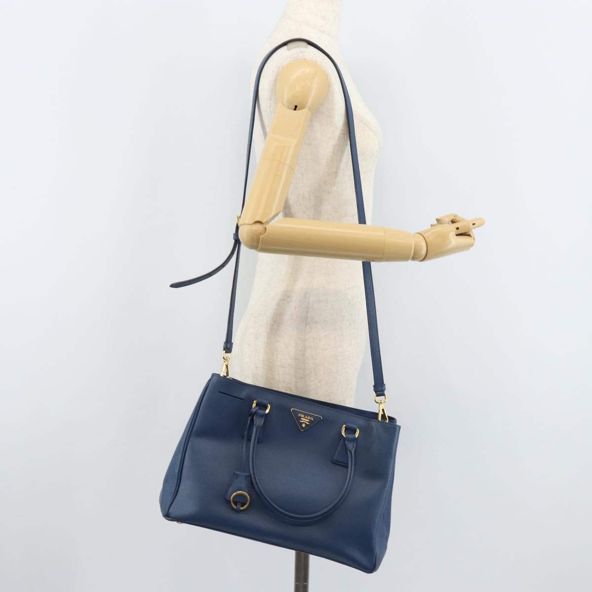PRADA Galleria Hand Bag Safiano leather 2way Blue Gold Auth YKZ030A