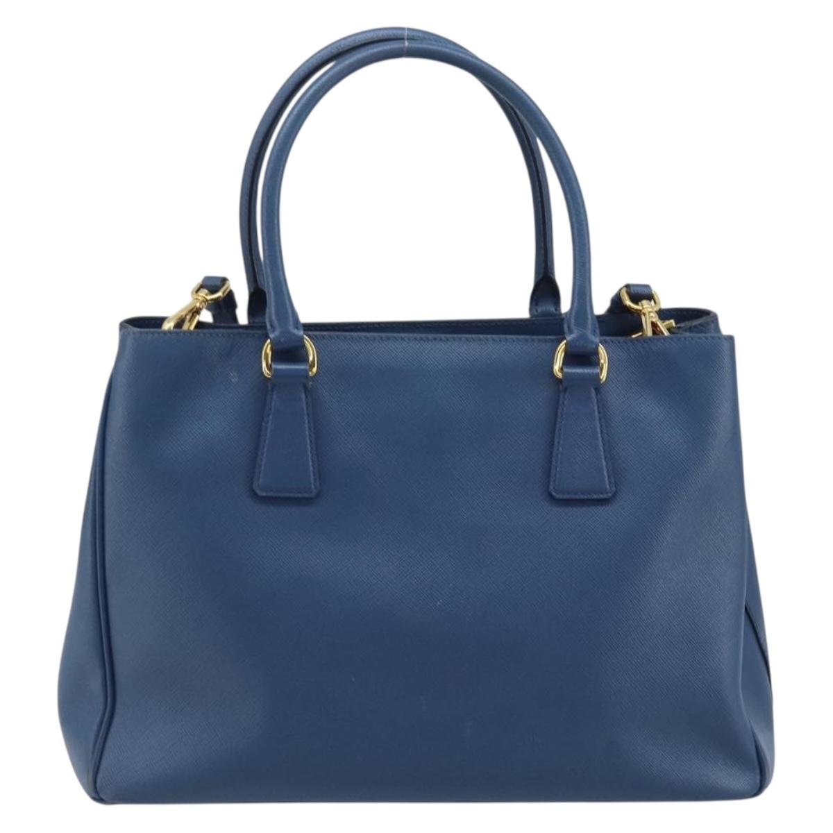 PRADA Galleria Hand Bag Safiano leather 2way Blue Gold Auth YKZ030A