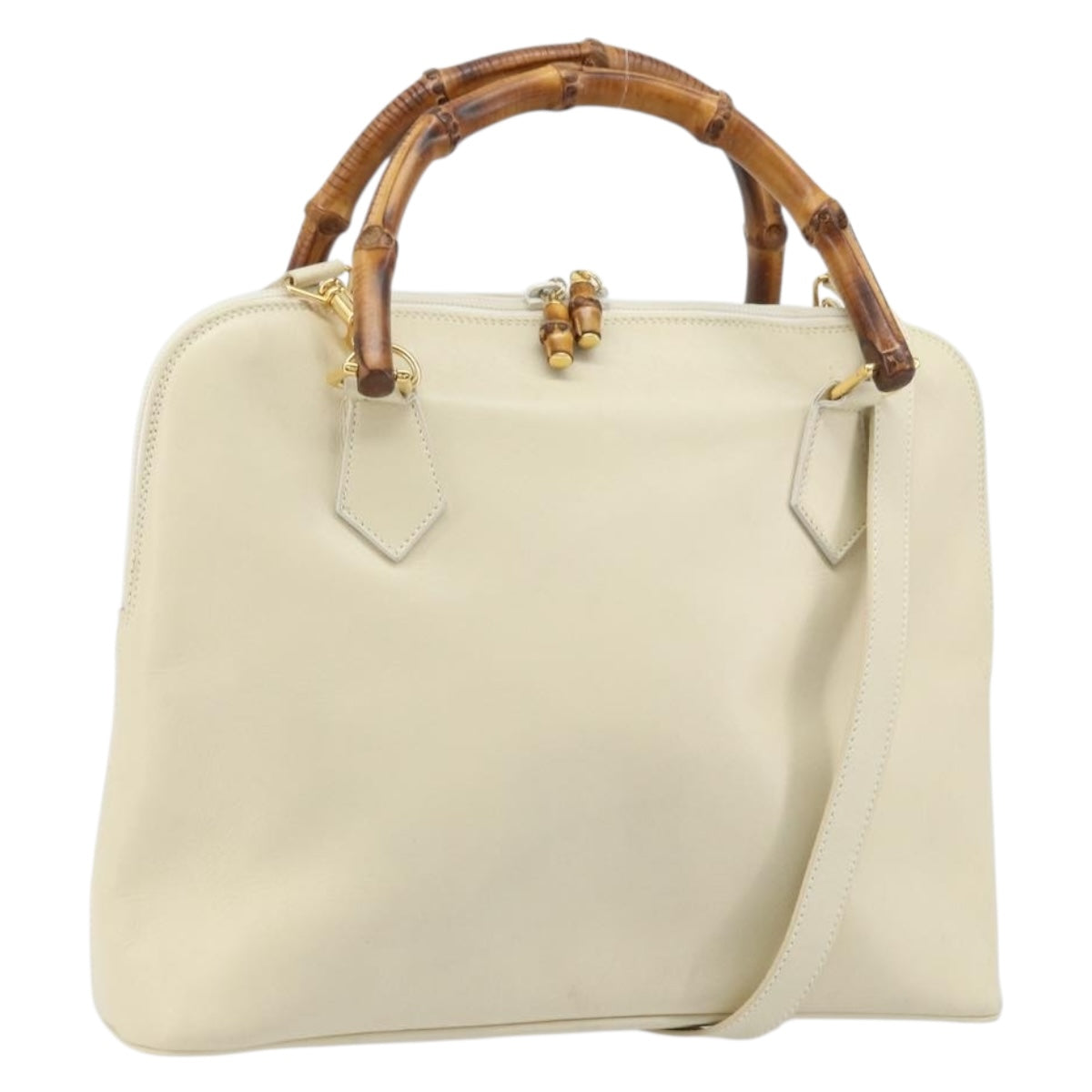 GUCCI Bamboo Hand Bag Leather 2way Ivory Gold 000 2214 0289 Auth YKZ060