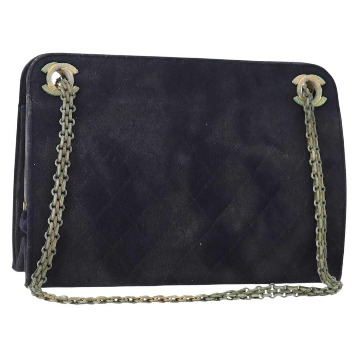 CHANEL Matelasse Chain Hand Bag Cotton Navy Gold CC Auth YKZ061