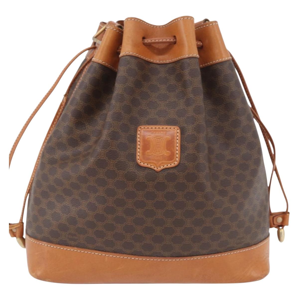 CELINE Macadam Canvas Purse Shoulder Bag PVC Leather Brown Gold Auth YKZ068