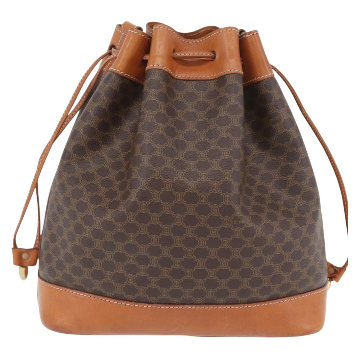 CELINE Macadam Canvas Purse Shoulder Bag PVC Leather Brown Gold Auth YKZ068