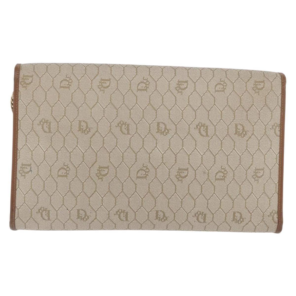 Christian Dior Honeycomb Canvas Chain Shoulder Bag PVC Beige Gold Auth YKZ075A